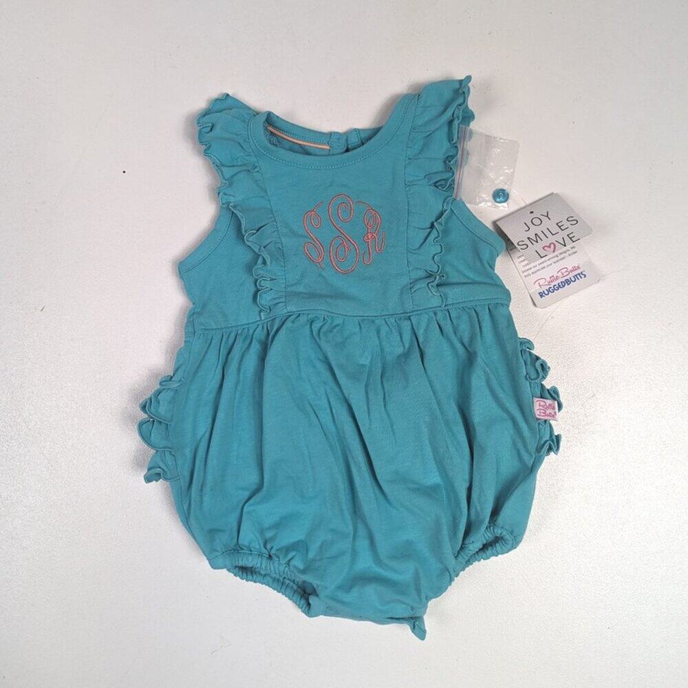 Ruffle Butts Bubble Romper Baby Girls Sz 3-6m Turquoise Waterfall Monogram 'SSR'